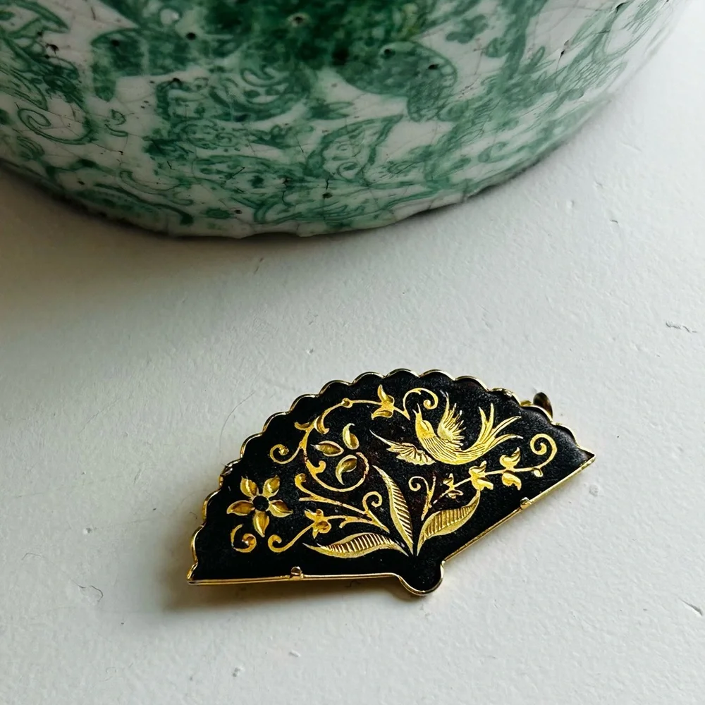 Vintage MCM Damascene Spanish Bird Floral Fan Enamel Brooch - Picture 1 of 4